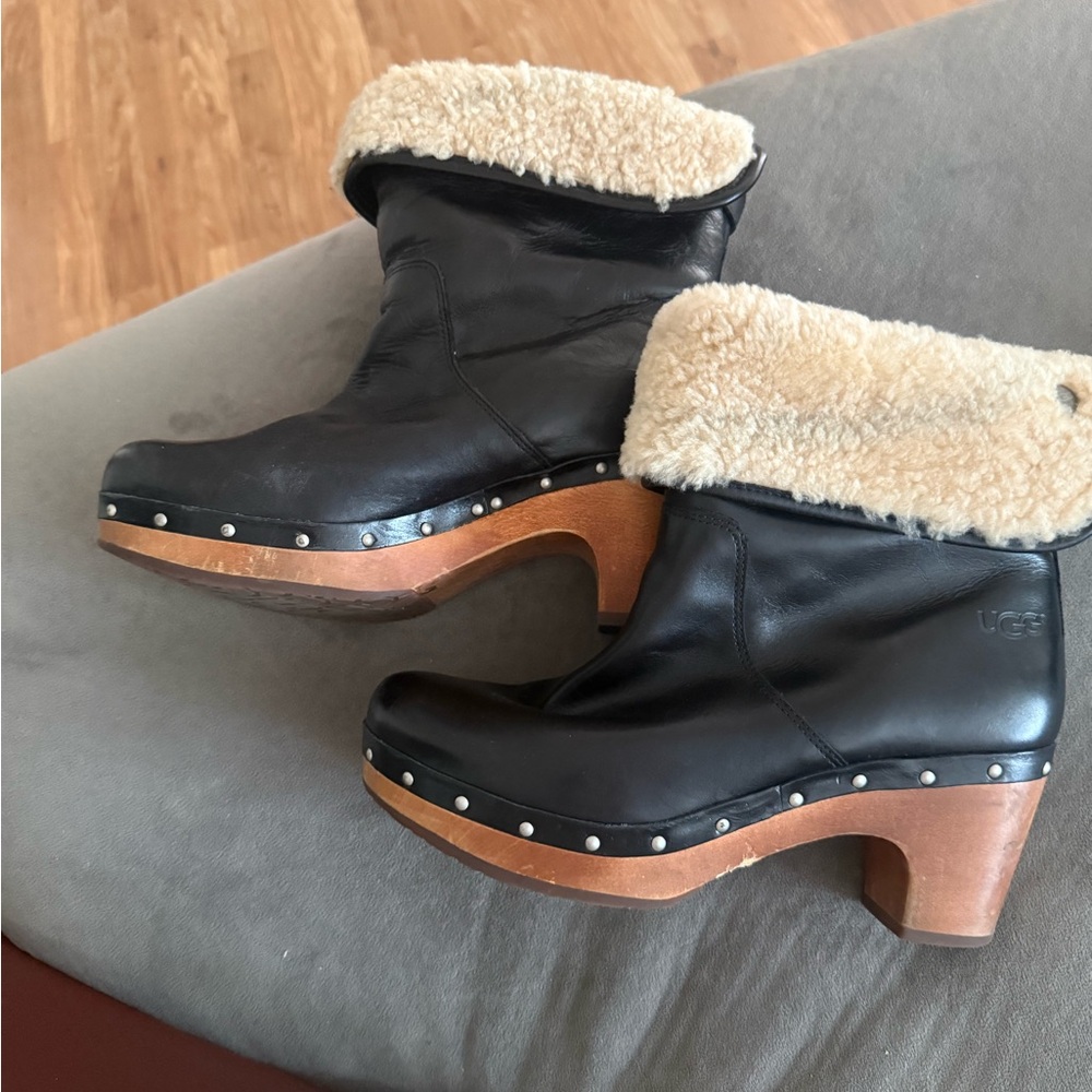 UGG Lynnea Black Leather Shearling Clog Boots with Wood Platform